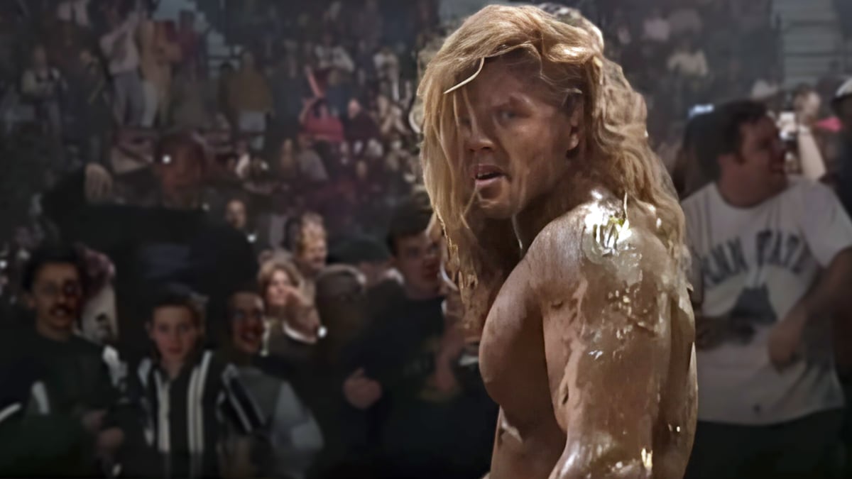 Hunter Hearst Helmsley (Triple H) covered in mud and slop during the December 1995 Arkansas Hog Pen Match against Henry O. Godwinn at WWE In Your House 5.