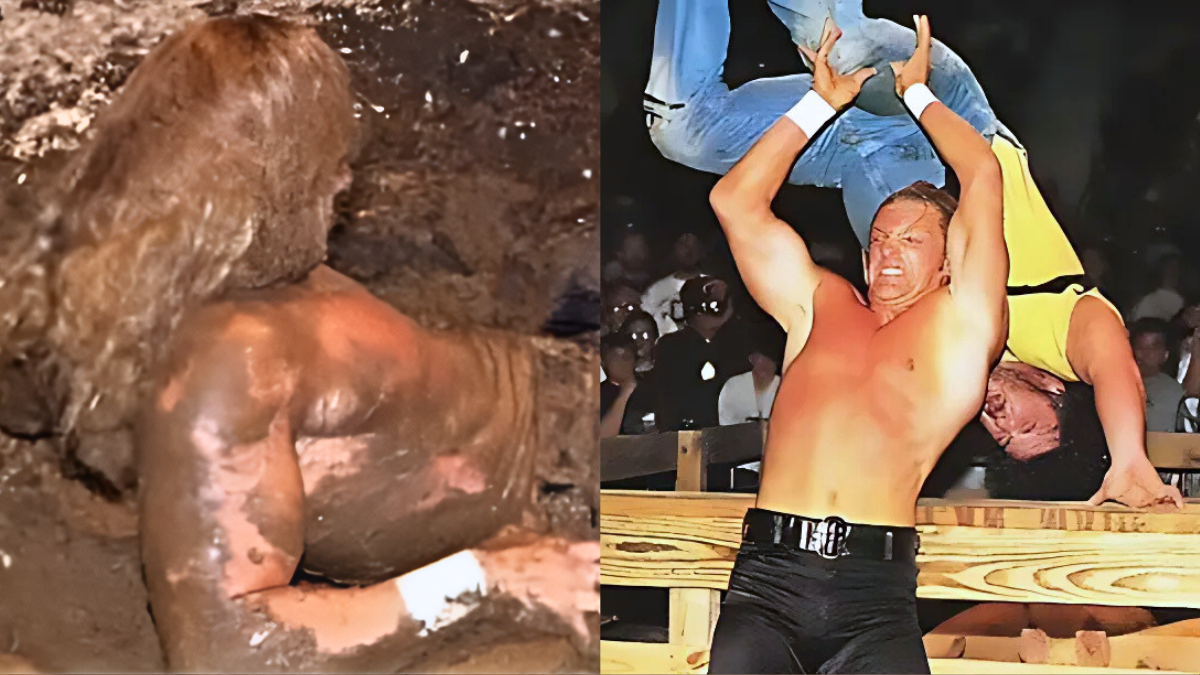 Hunter Hearst Helmsley (Triple H) and Henry O. Godwinn collide in WWE's notorious Arkansas Hog Pen Match at In Your House 5 on December 17, 1995, at Hersheypark Arena in Hershey, Pennsylvania, featuring live pigs, mud, and a legitimately injured Triple H. Read on to find out what really went down in this legendary encounter!