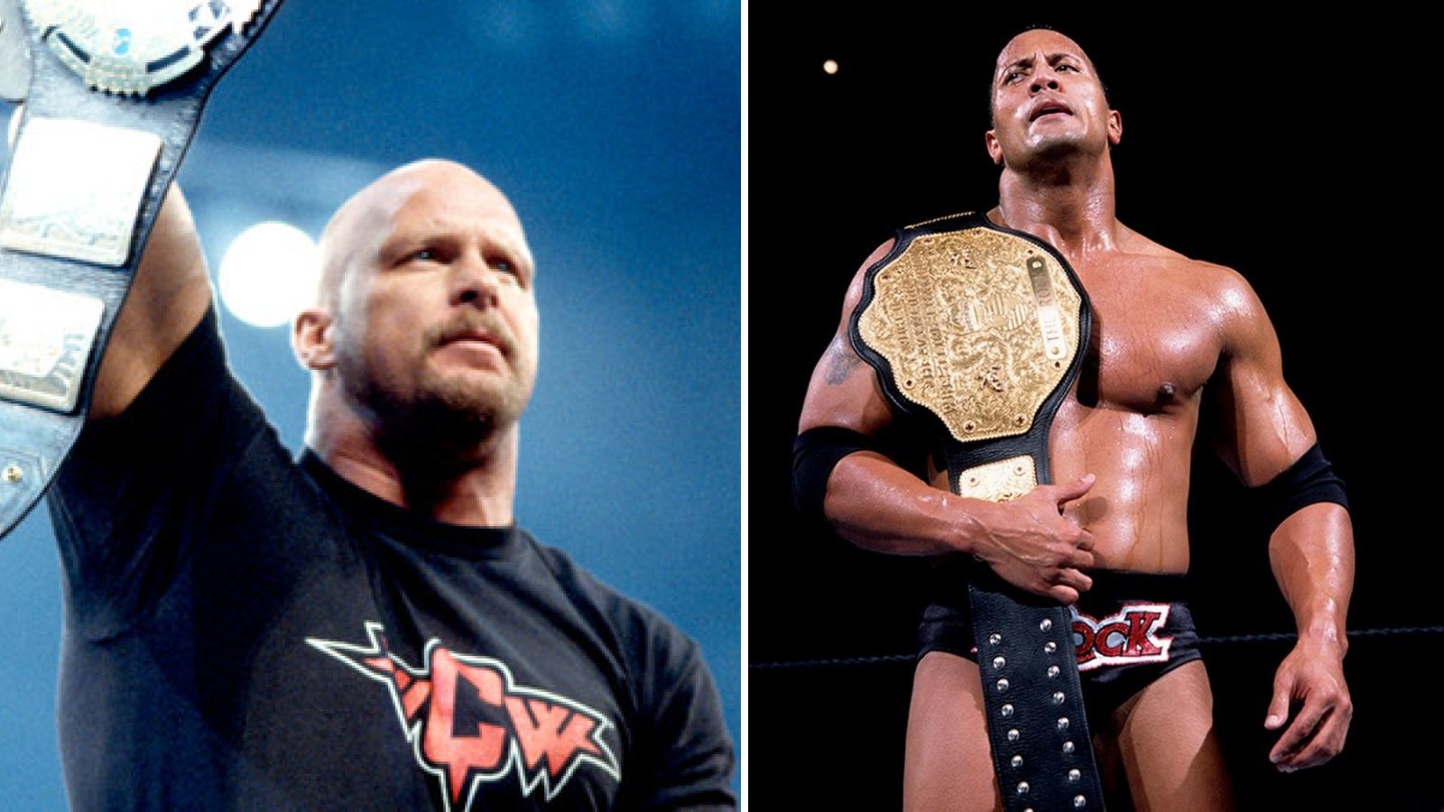 During the 2001 Invasion storyline, Stone Cold Steve Austin holds the WWE Championship while The Rock captures the WCW World Heavyweight Championship by defeating Booker T at SummerSlam 2001, positioning both rivals as leaders on opposite sides. 