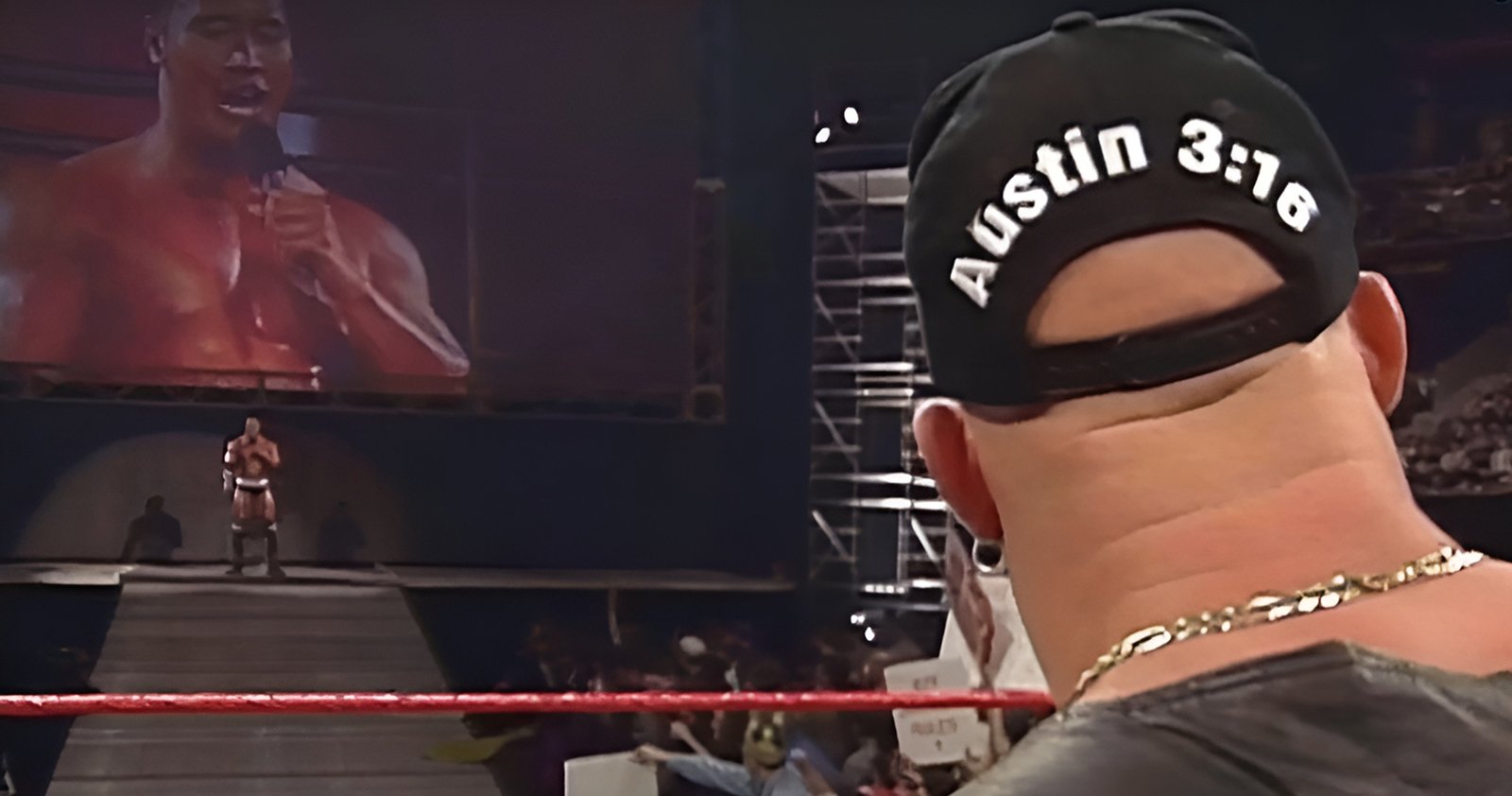 Stone Cold Steve Austin and Rocky Maivia (The Rock) during one of their first on-screen interactions on the November 10, 1997 episode of WWE Monday Night RAW, a moment that sparked their Intercontinental Championship feud and The Rock’s rise in 1998. 