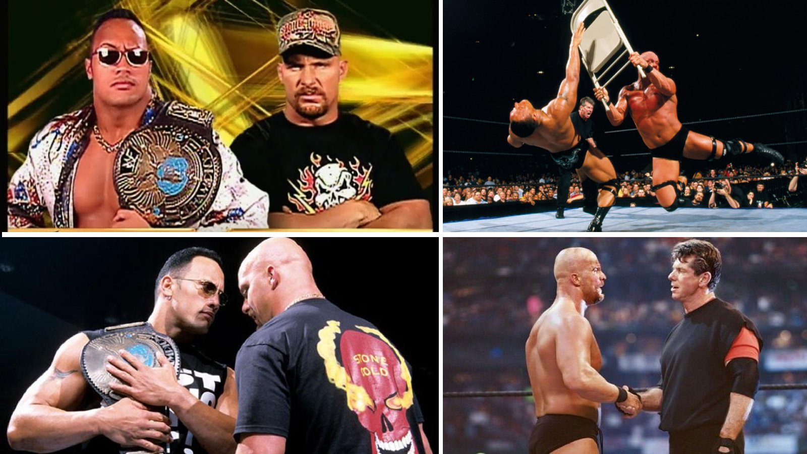 Stone Cold Steve Austin aligns with Mr. McMahon after defeating The Rock for the WWE Championship in the main event of WrestleMania X-Seven on April 1, 2001, at the Reliant Astrodome in Houston, Texas, a pivotal turning point in the Rock vs Stone Cold rivalry. 