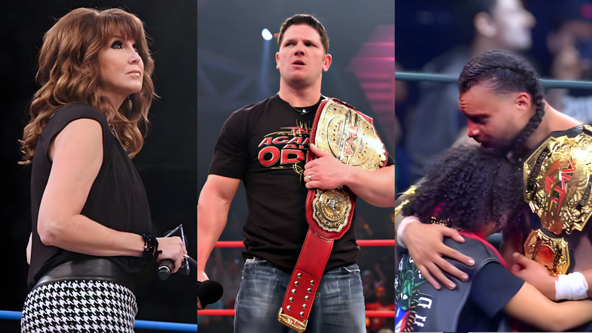 From TNA’s leadership under Dixie Carter (left) through AJ Styles’ reign as the standard bearer (center) to Mike Santana’s historic Bound for Glory 2025 win (right), the brand has weathered the storm over more than two decades of evolution.