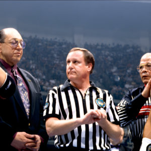 Earl Hebner stands between Bret Hart (with WWF President Gorilla Monsoon) and Shawn Michaels (with mentor and real-life trainer Jose Lothario, who came out of retirement for this match) at WrestleMania XII, poised to enforce Iron Man Match rules – and one missed call could rewrite wrestling history.