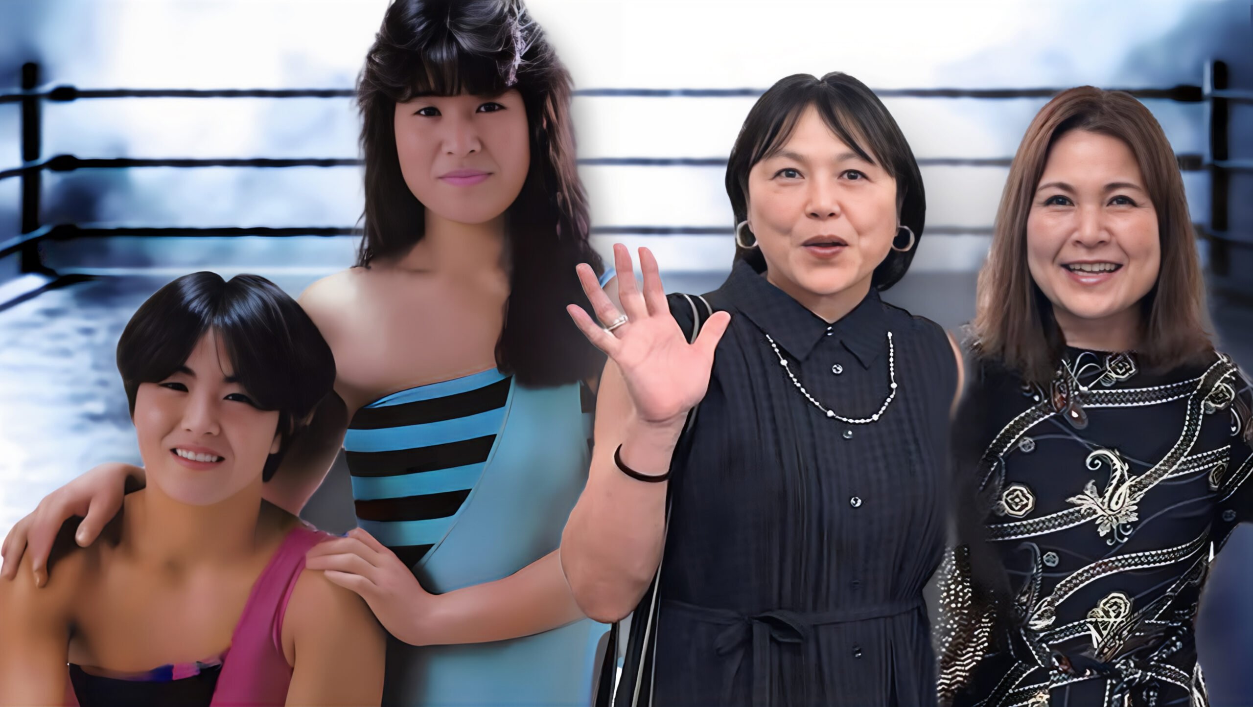 Past and present: The Jumping Bomb Angels, Noriyo Tateno and Itsuki Yamazaki, in their AJW prime in 1984 and reunited forty years later in 2024. Their high speed Joshi style helped reshape expectations for women’s wrestling and still resonates with fans today. Photo Credit: AJW / The Jumping Bomb Angels. Artwork by Pro Wrestling Stories.