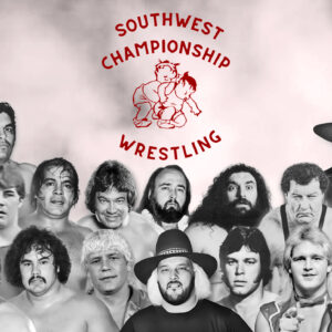 The Southwest Championship Wrestling (SCWF) territory, under the leadership of Joe Blanchard in San Antonio, thrived with stars such as (from left to right, row 1) Wahoo McDaniel, Manny Fernandez, Al Madril, Dale Hey (Buddy Roberts), Bobby Jaggers, Scott Casey, Bobby Fulton, Eric Embry, Chicky Starr, (row 2) Gino Hernandez, Shawn Michaels, Jose Lothario, Chavo Guerrero Sr., Tim Brooks, Bruiser Brody, Bob Sweetan, Dick Slater, (row 3) Tully Blanchard, Rudy Boy Gonzales, Terry Funk, “Playboy” Gary Hart, (top row) Joe Blanchard, and Fritz Von Erich. Artwork by Pro Wrestling Stories.