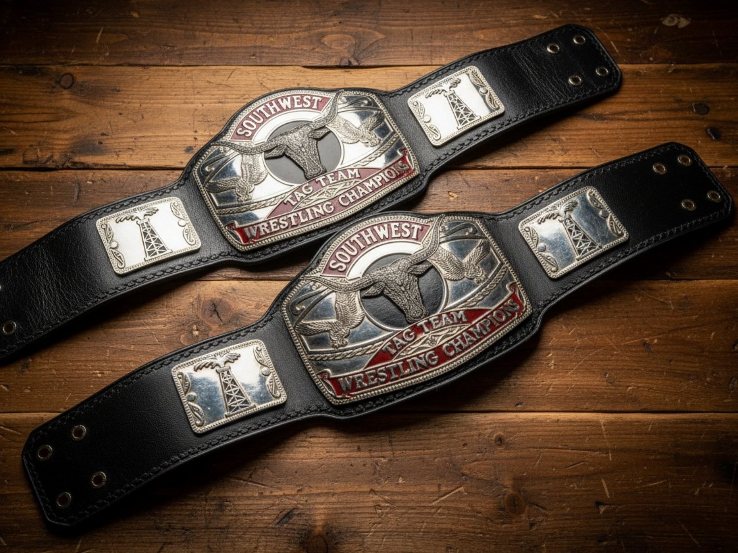 The SWCW Southwest Tag Team Championship belts: Among the most prestigious secondary titles in Southwest Championship Wrestling's history. Introduced in 1978 and held by legendary teams throughout the territory's existence, these championships represented the importance of tag team wrestling in drawing crowds and main eventing shows across South Texas. 