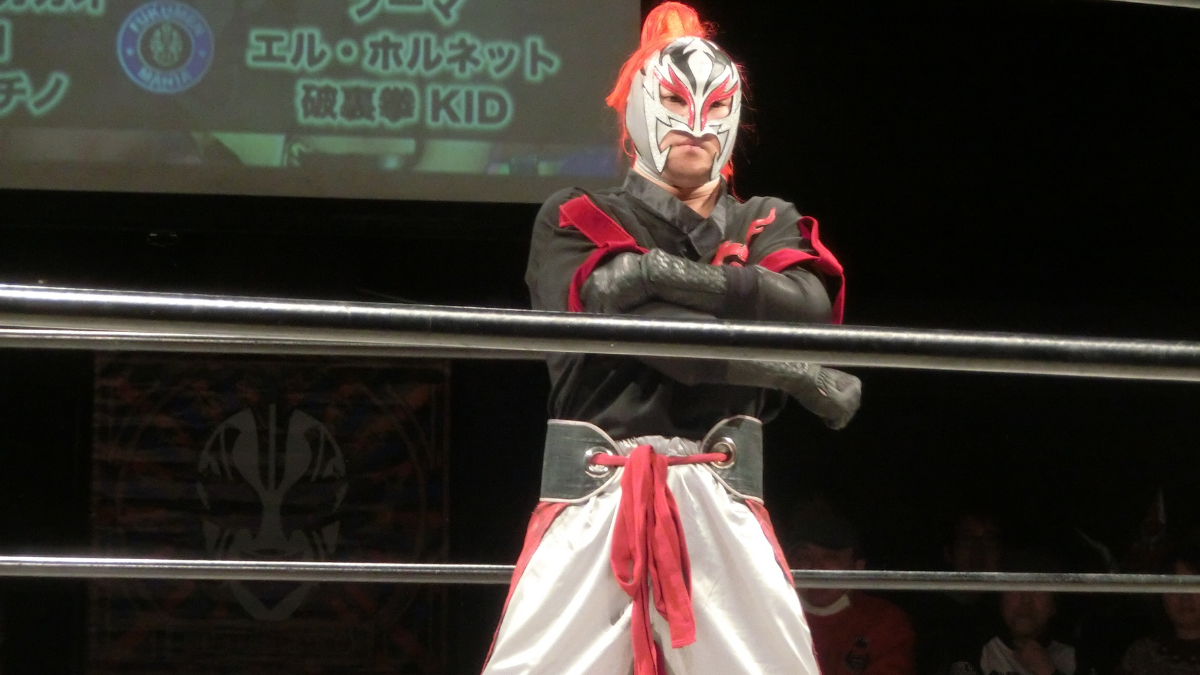 Takuya Sugi (Yoshitsune) pictured at a February 2018 event, years after his July 9, 2012 public confession that he planted the contraband in Io Shirai (IYO SKY in WWE)'s luggage on Masahiro Hayashi's orders. 
