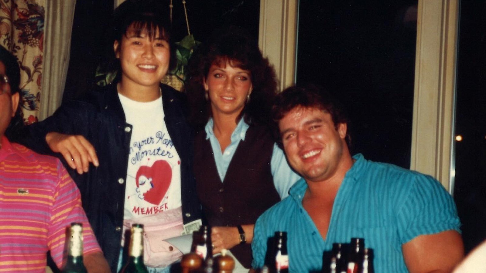 Noriyo Tateno and Itsuki Yamazaki of the Jumping Bomb Angels pose with British Bulldog Davey Boy Smith during their late-1980s WWF run between AJW tours. 