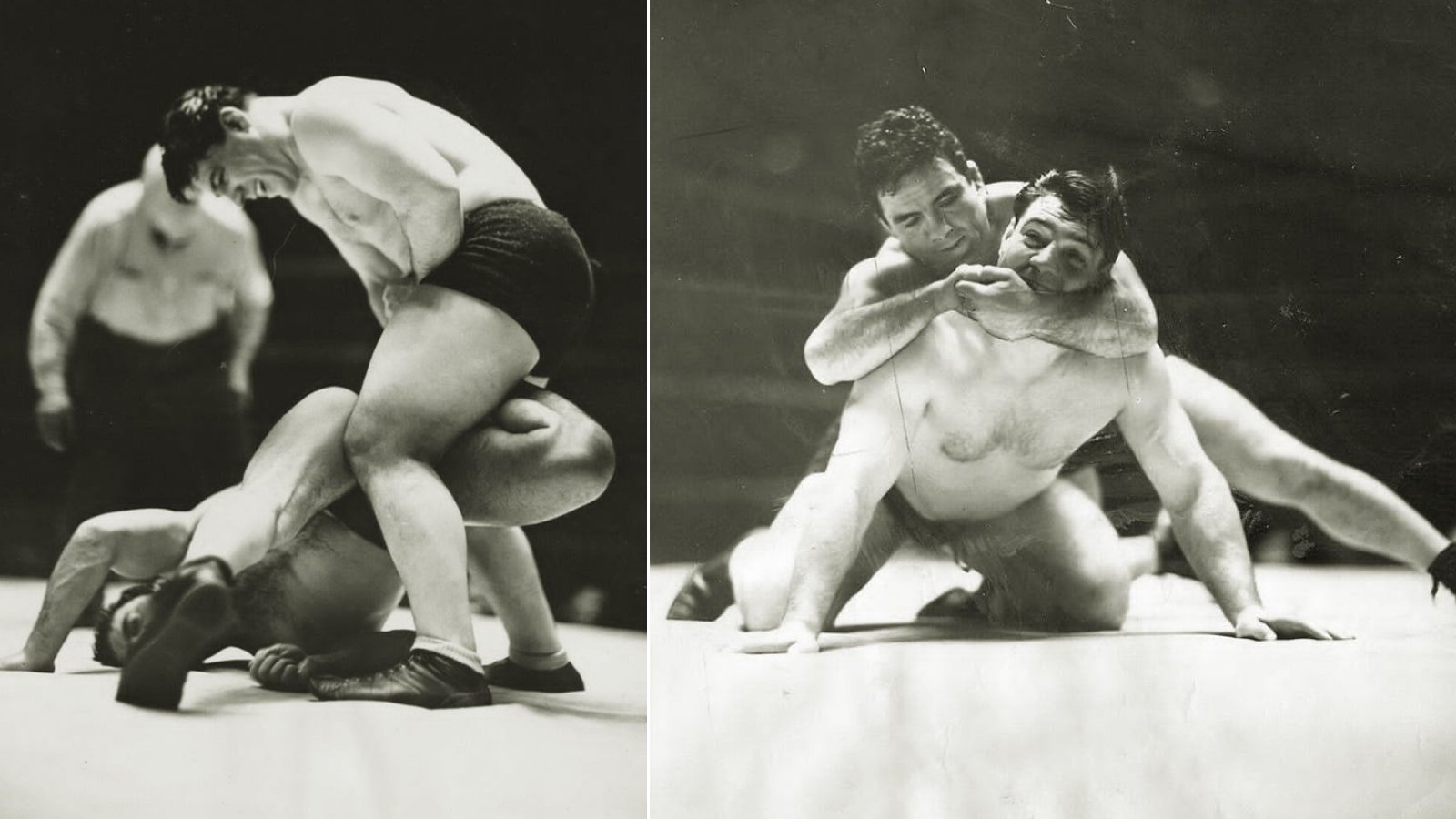 Action inside the ring during the November 16, 1931 world heavyweight wrestling championship match shows Jim Londos battling Italian challenger Giorgio Calza before a packed house at Madison Square Garden, where an estimated 14,000–17,000 spectators witnessed the high-profile title bout.