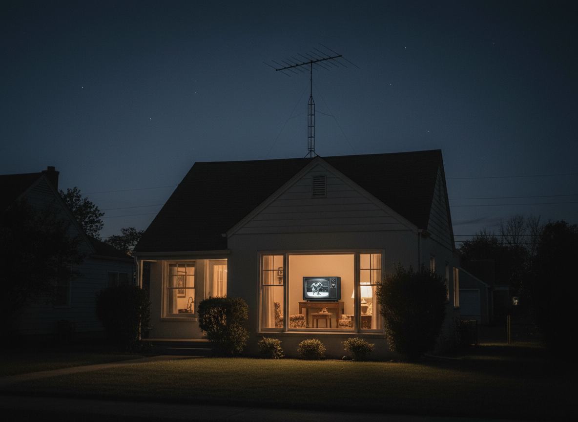 A lucky 1950s household, antenna pointed just right, pulls in a distant city signal as a black-and-white wrestling main event crackles to life in the living room. One more night where the glow of the TV turned wild ring action into must-see entertainment. Artwork by Pro Wrestling Stories.