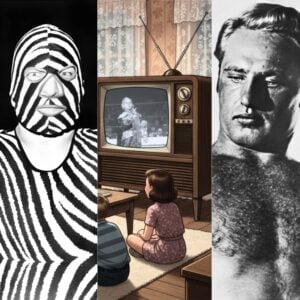 From carnival strongmen who could hoist anvils with their teeth to zebra-striped monsters, “Mr. America” body idols, Native headliners, hypnotists, and more, discover 25 wild 1950s TV gimmicks that rewired what wrestling could be and turned early television into must-see viewing for families across America. Artwork by Pro Wrestling Stories.