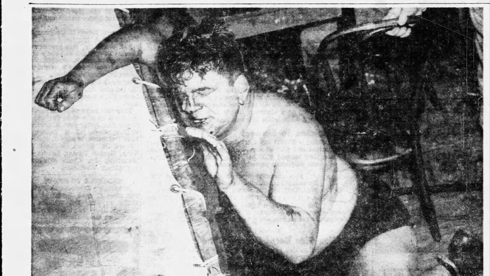 Dick Raines attempts to recover after a brutal chair attack by Abe Kashey during their main event at the Minneapolis Auditorium on February 14, 1950, an incident that left Raines with a deep gash requiring several stitches. Kashey secured the victory in 22 minutes and 31 seconds, thrilling a crowd of 7,689 fans.