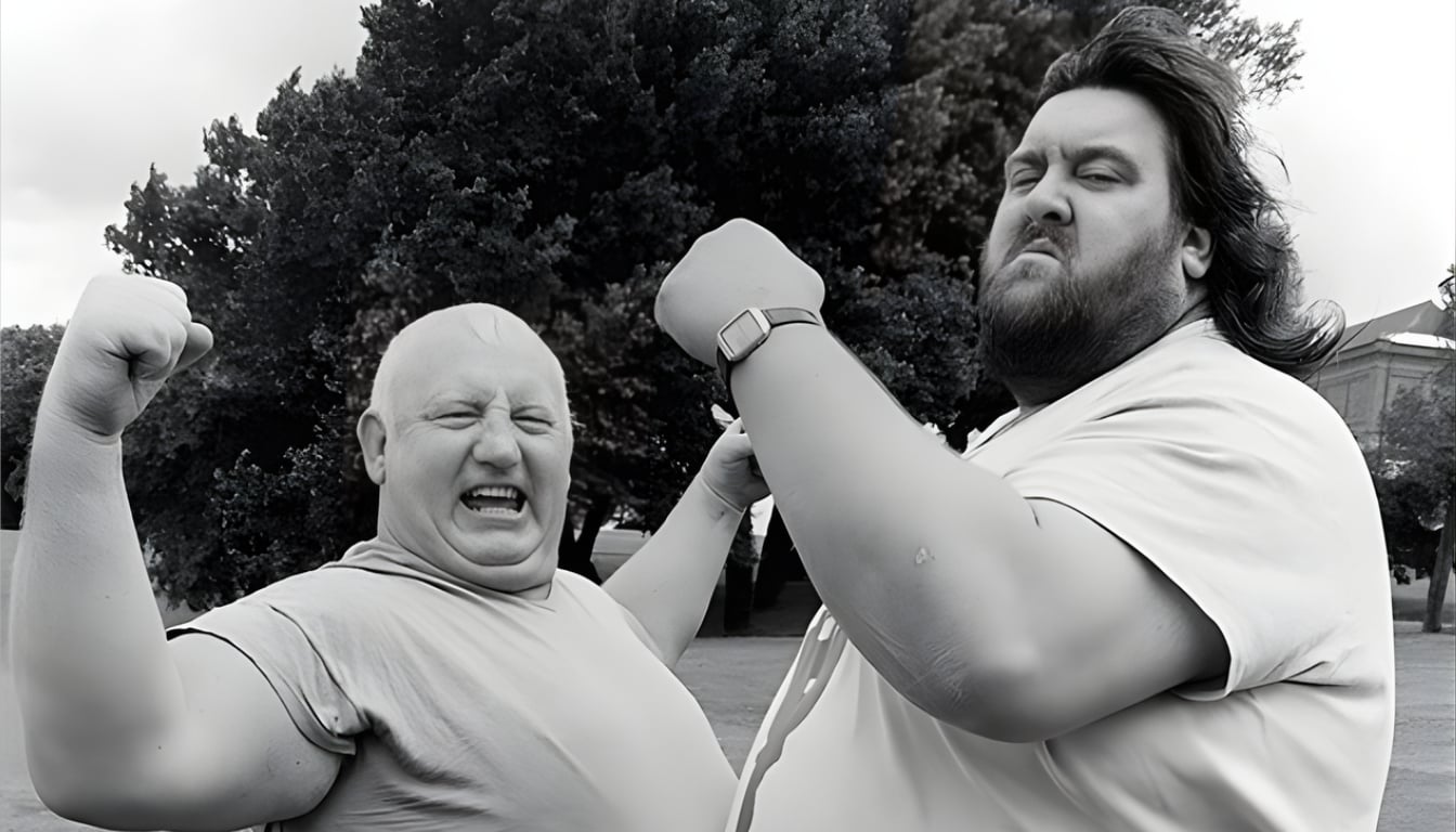 Shirley Crabtree (Big Daddy) and Martin Ruane (Giant Haystacks) pictured together in 1981, six years after first teaming as one of British wrestling’s most physically dominant heel tag teams. Their partnership, which included a feud with the masked Kendo Nagasaki, laid the groundwork for a rivalry that would captivate the nation for years to come. 