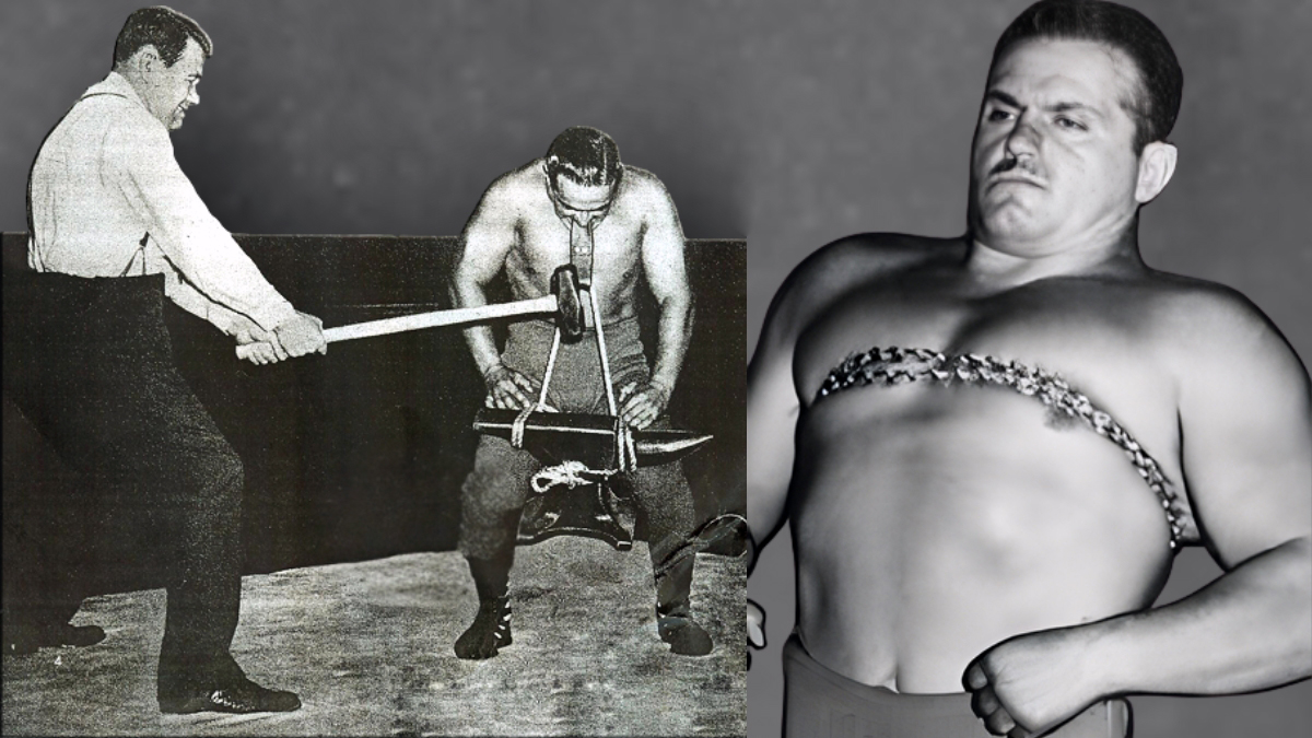 Mighty Atlas, the carnival strongman turned TV era attraction, would stun fans with feats of strength like hoisting an anvil with his teeth and wrapping steel chains around his chest, the kind of jaw dropping stunts that made 1950s wrestling feel like anything could happen on live television. 