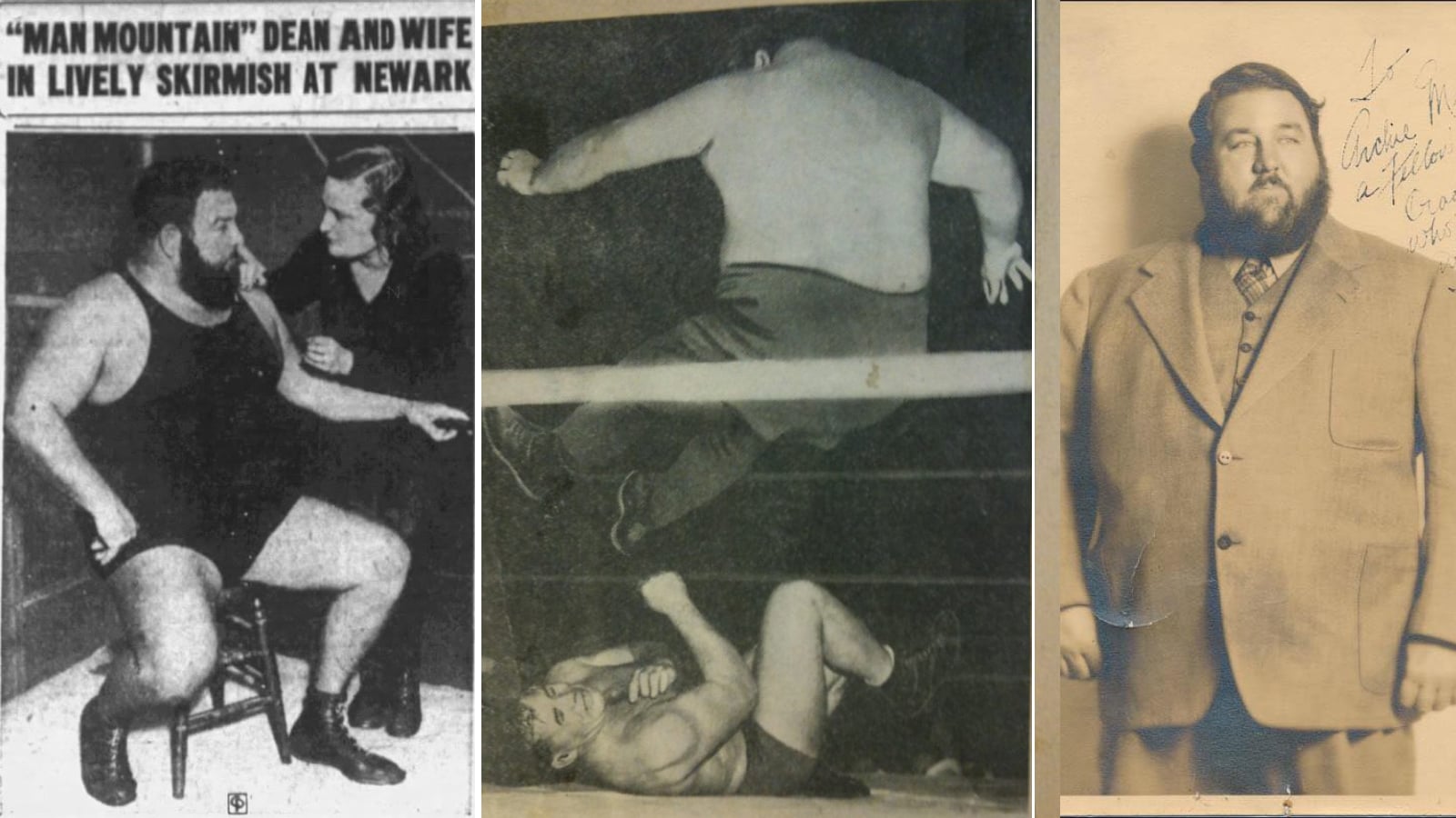 Man Mountain Dean gained fame in the 1930s as one of wrestling's most recognizable villains, his massive size, wild beard, and mountain-man persona making him a major attraction in arenas across the United States. A top drawing card during wrestling's early boom years, Dean later parlayed his ring notoriety into a successful career in Hollywood films and public appearances.
