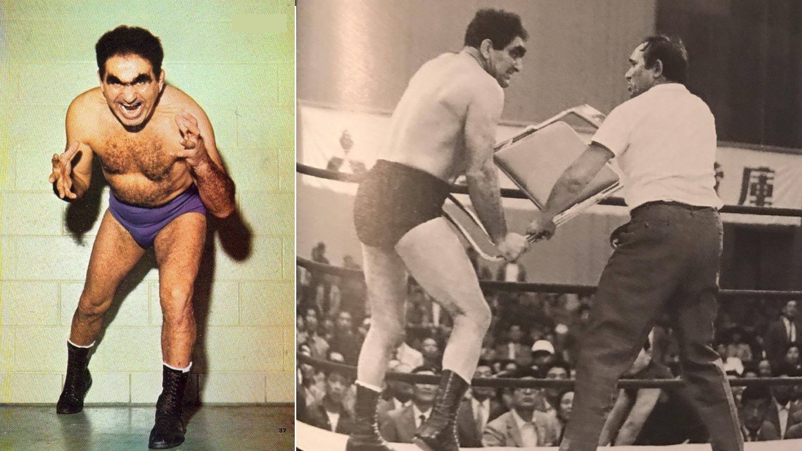 ‘Wild’ Bill Curry seizes a steel chair from the referee, his notorious rule‑breaking antics on full display in a moment that sent the crowd into a frenzy. Known for his brutal brawling style and relentless aggression, Curry epitomized the classic wrestling heel, turning even a single gesture into a spectacle of villainy in the ring.