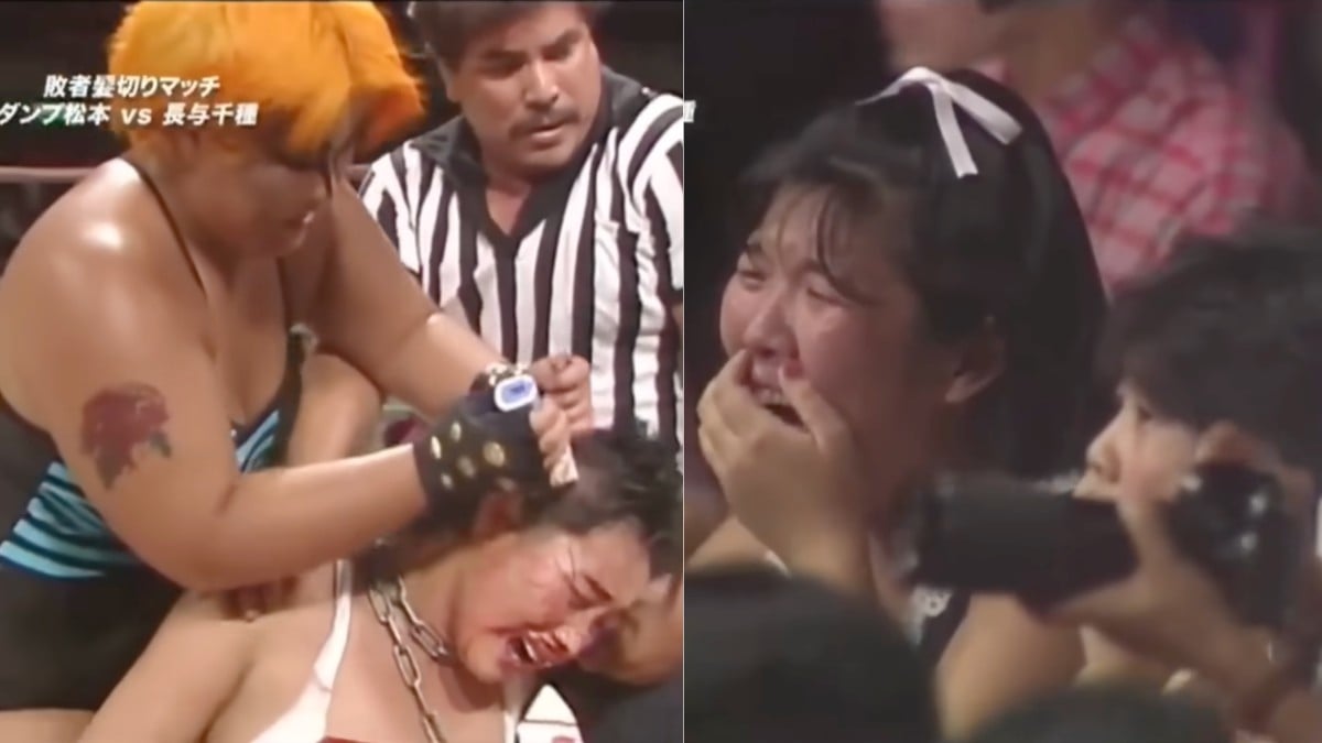 Dump Matsumoto shaves Chigusa Nagayo's head following their hair vs. hair match at Osaka-jō Hall on August 28, 1985, a moment that drew wailing, hyperventilating fans and became one of the defining images of 1980s joshi wrestling.