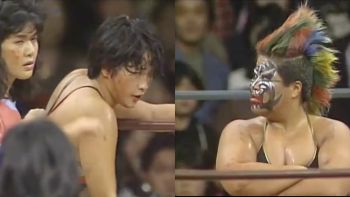 Chigusa Nagayo confronts Dump Matsumoto ahead of the November 7, 1986 hair vs. hair rematch at Osaka-jō Hall, the night Nagayo exacted revenge in front of a crowd that had waited over a year for catharsis.