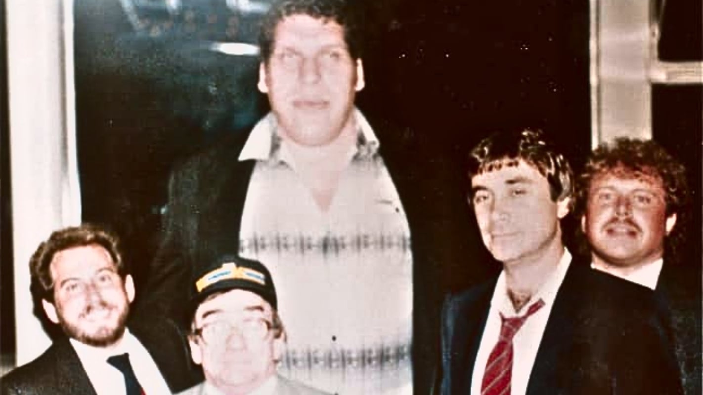 Herb Abrams with Andre the Giant, Abrams’ friend Jeffrey Steinberger, and others during the Universal Wrestling Federation’s brief signing of the legendary giant. Andre’s short-lived UWF appearance generated major attention before Vince McMahon soon brought him back to the WWF.