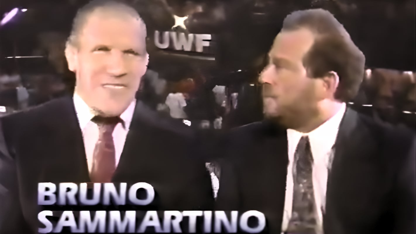 Bruno Sammartino and Herb Abrams at the UWF Fury Hour commentary desk on SportsChannel America. Sammartino's presence gave the fledgling promotion instant credibility, though he later admitted the company was not being run properly. 