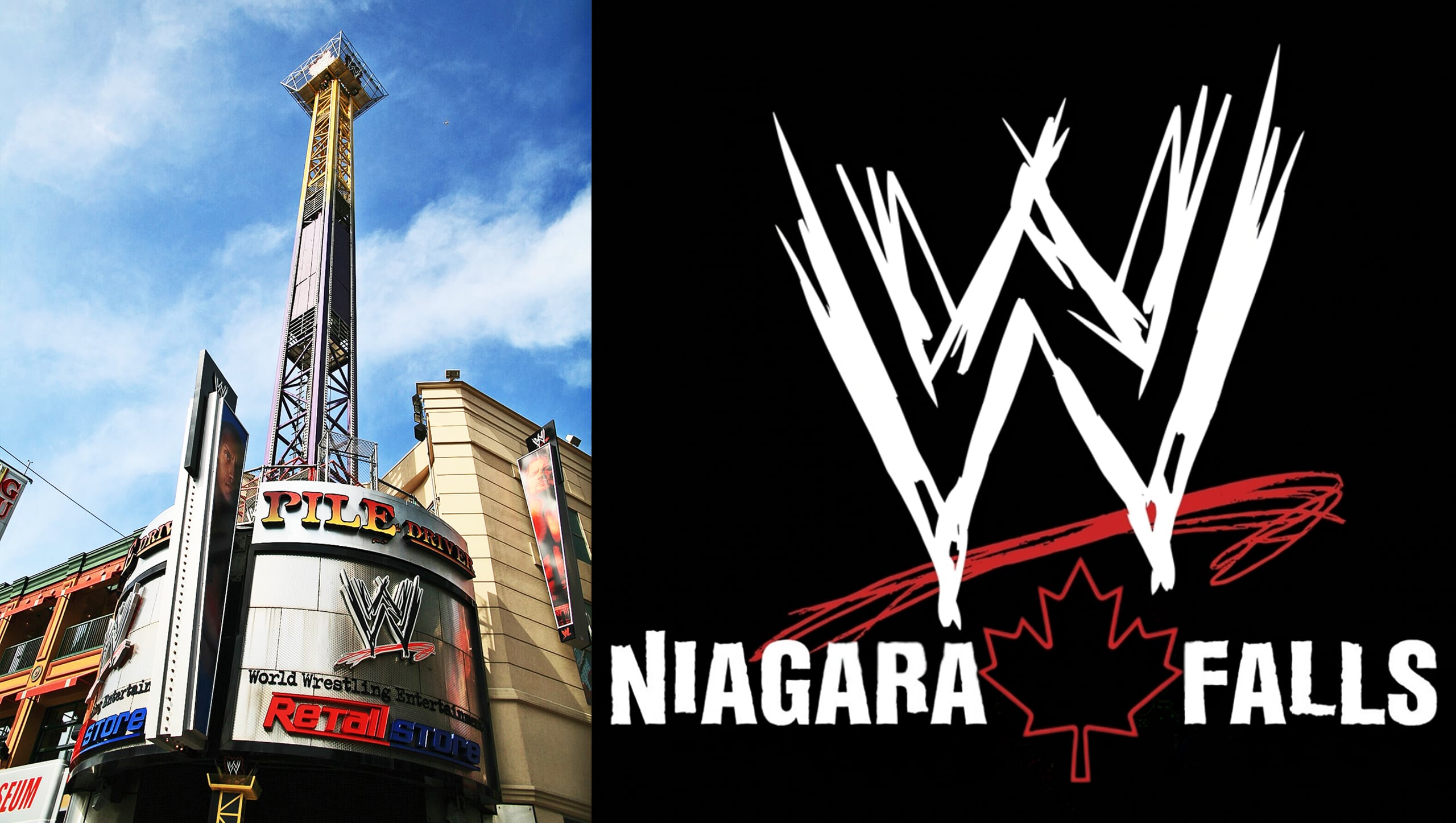 The WWE Niagara Falls complex on Clifton Hill ran from 2002 to 2011, anchored by The Pile Driver - a 220-foot drop tower and the only WWE-branded thrill ride ever built.