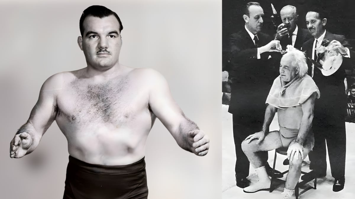 Whipper Billy Watson appears at left, with Gorgeous George shown at right as his famous hair is trimmed following their March 12, 1959, showdown at Maple Leaf Gardens, a lasting image of Toronto’s hometown hero humiliating one of wrestling’s biggest showmen. 