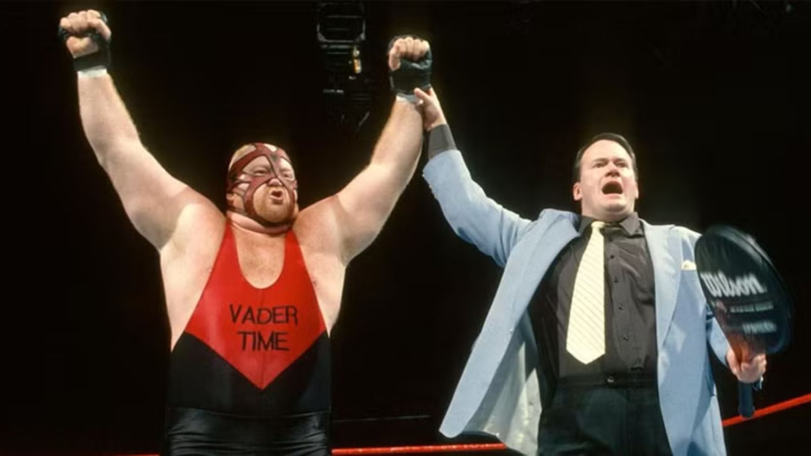 As soon as Vader arrived backstage, Jim Cornette rushed him to the ring for an impromptu promo segment that helped stretch the 1996 Louisville card. 