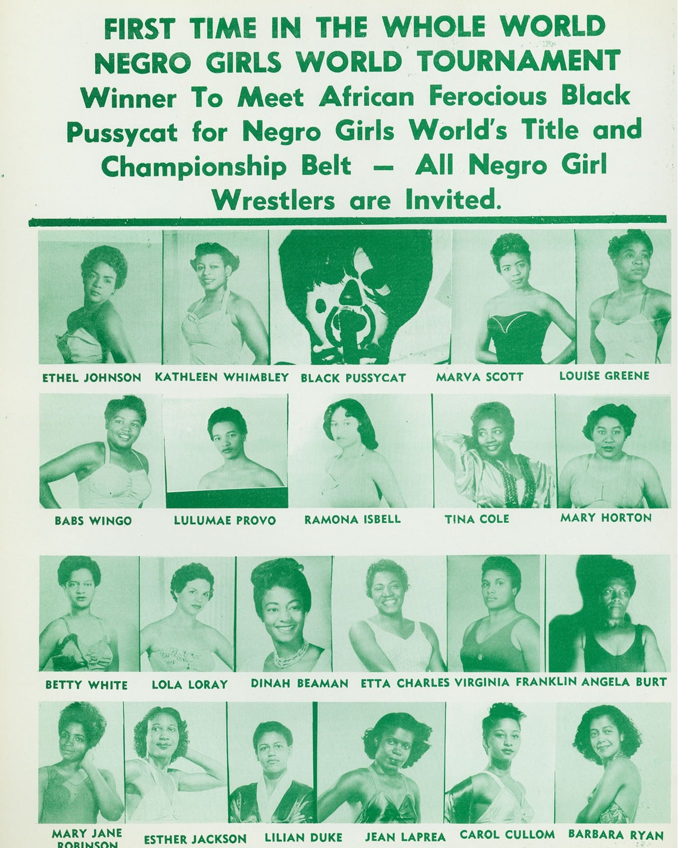 A vintage promotional poster billing an all-Black women’s wrestling tournament, featuring headshots of the competitors. Among them are pioneers Ethel Johnson, Kathleen Wimbley, Marva Scott, Louise Greene, Babs Wingo, Lula Mae Provo, Mary Horton, Betty White, and Dinah Beamon, whose contributions left a lasting influence on professional wrestling. 