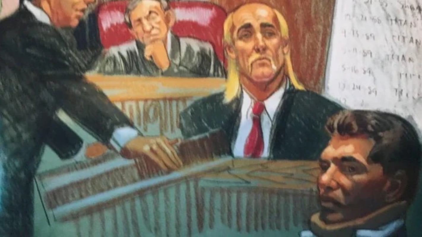 Courtroom sketch of Hulk Hogan testifying during Vince McMahon's 1994 federal steroid trial, a pivotal moment in pro wrestling history that Netflix's Hulk Hogan: Real American addresses only briefly.