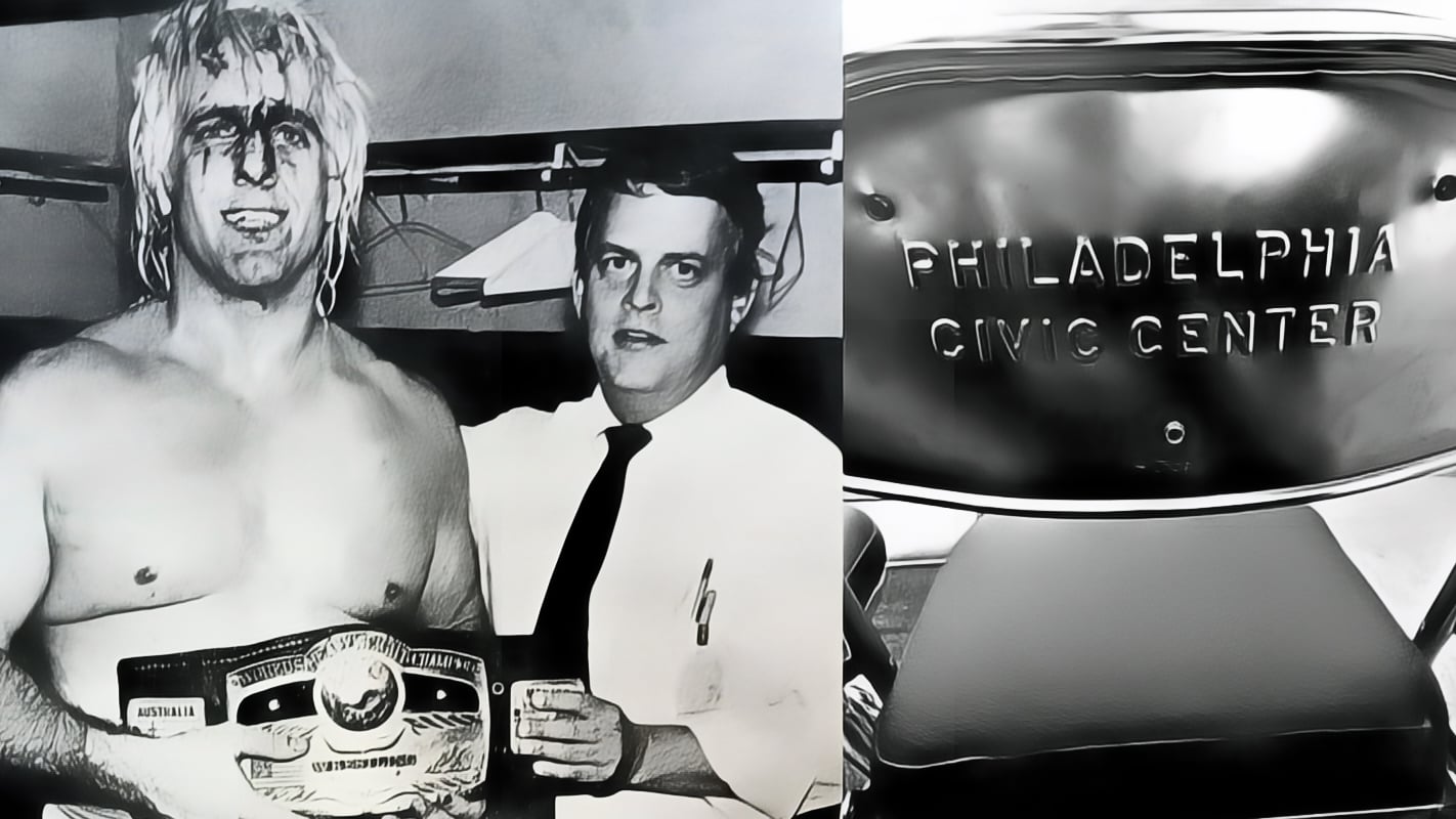 The Lost 1985 NWA House Show Fans Never Forgot (Left) Ric Flair and Jim Crockett Jr. celebrate at Starrcade 1985, held November 28 in Greensboro, North Carolina, just months after JCP's landmark house show at the Philadelphia Civic Center on July 20, 1985. (Right) A chair bearing the Civic Center's name, discovered inside the Philadelphia Court of Common Pleas at 34th and Civic Center Boulevard, a quiet piece of evidence left from an arena no longer standing, proof that Philadelphia had become part of the NWA's expanding world.