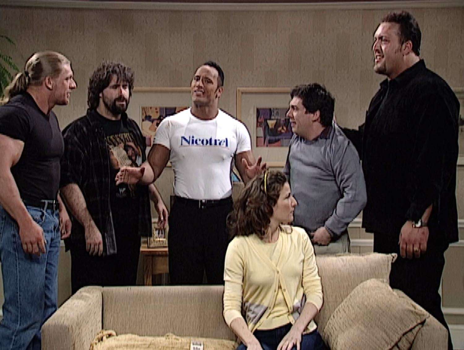 10 Times WWE Stars Took Over Saturday Night Live Triple H, Mick Foley, Dwayne Johnson, Ana Gasteyer, Chris Parnell, and Big Show in the Nicorette sketch on Saturday Night Live Season 25 Episode 15