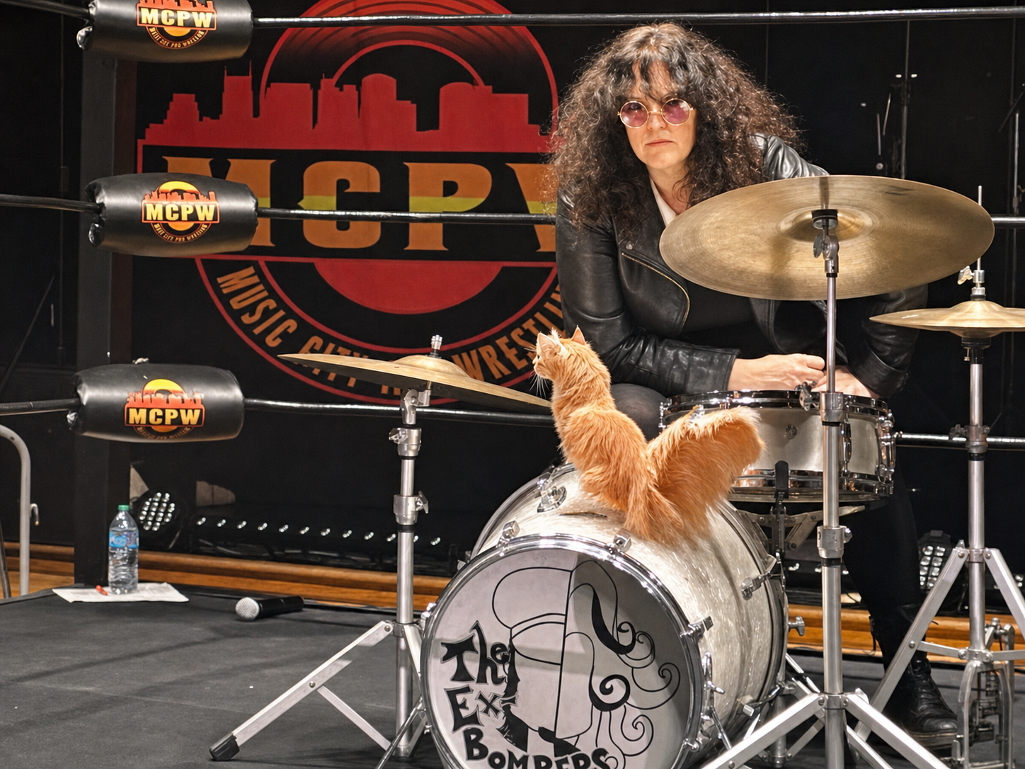 Fright the Cat, who followed The Ex-Bombers home one day, makes a cameo in the "In Music City" music video. This behind-the-scenes photo from the Nashville shoot is among the only color images captured during production.