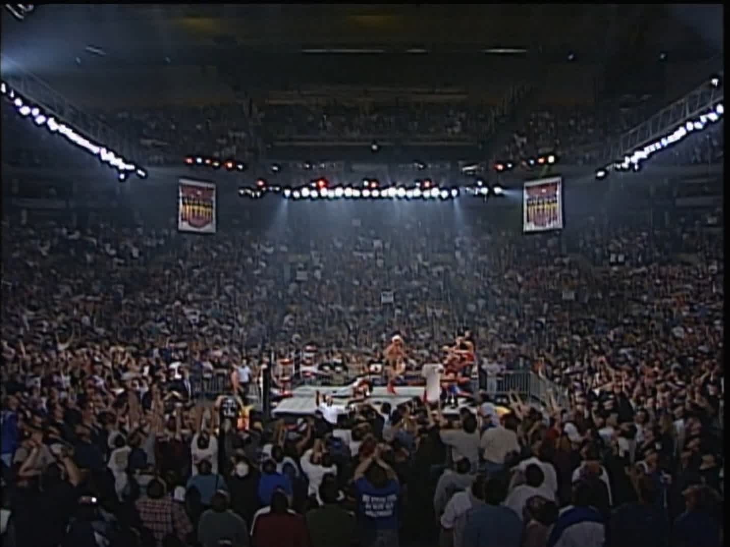 A sold-out WCW Monday Nitro arena in 1997, the height of the Monday Night Wars era when professional wrestling commanded a combined 10 million viewers on a single night. Vince Russo argues that audience has never returned. 