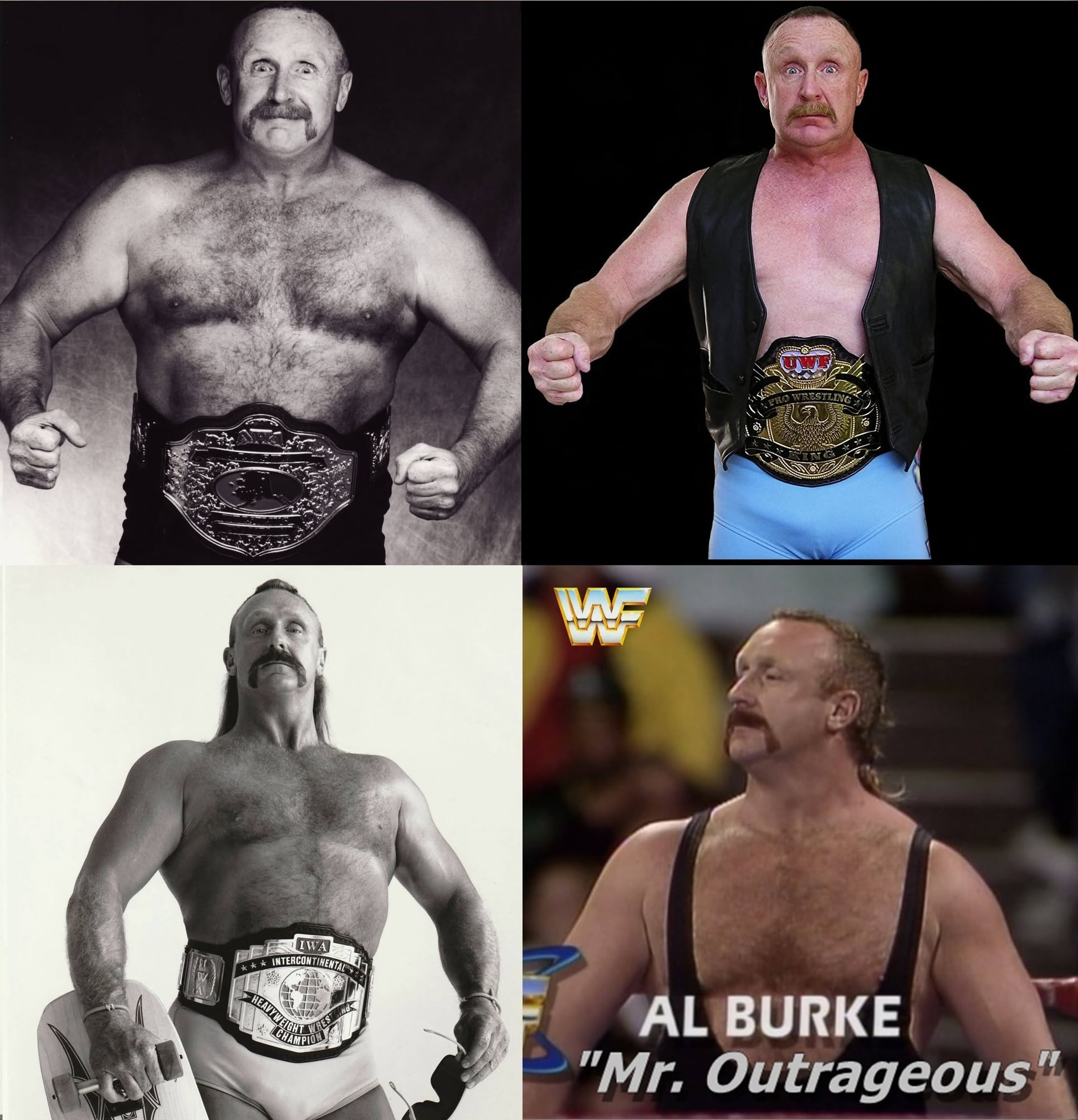 Al Burke: The Pro Wrestler Adam Sandler Handpicked A collage of Al Burke across various stages of his professional wrestling career, including championship belt photos.