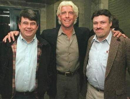 Mike Mooneyham and Ric Flair share a moment together, referencing decades of friendship that included memorable nights out in Charleston, South Carolina.