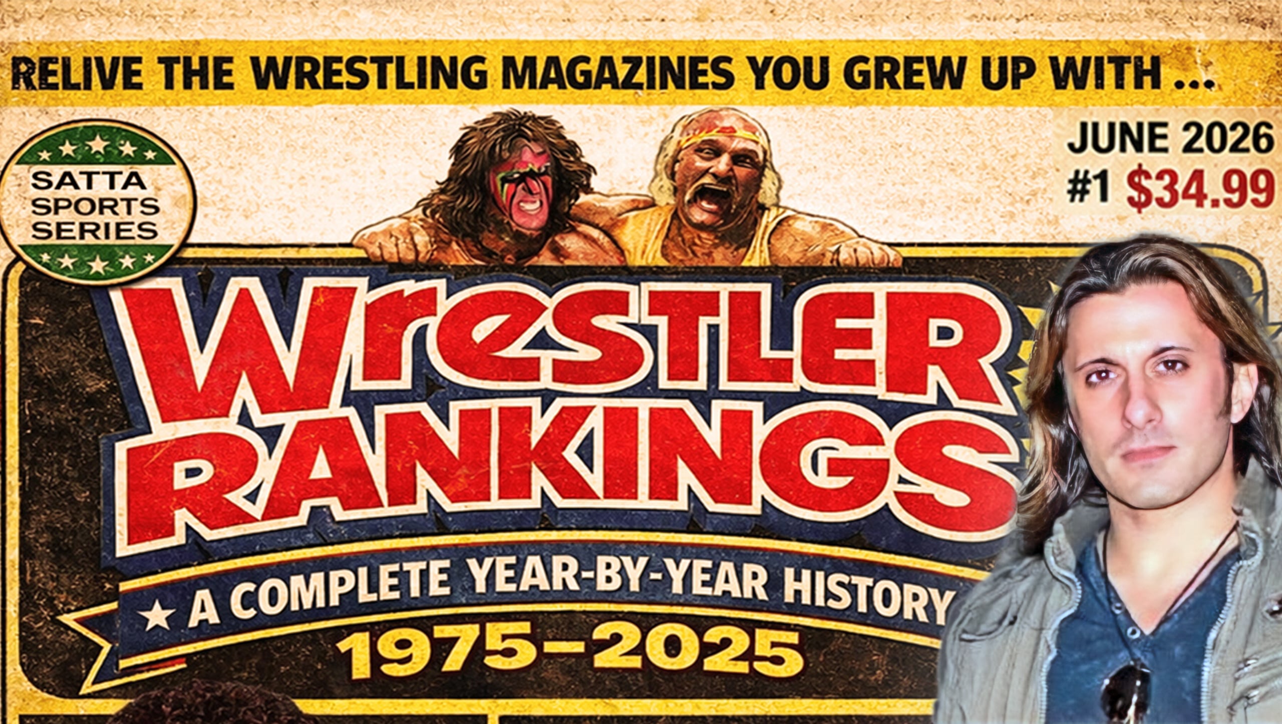 Joey Cassata, author of Wrestler Rankings: A Complete Year-by-Year History 1975-2025, pictured with the cover of his new book.