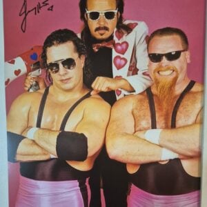 Jimmy Hart Signed WWF 8x10 Photo Autograph (pictured with Bret Hart & Jim Neidhart)