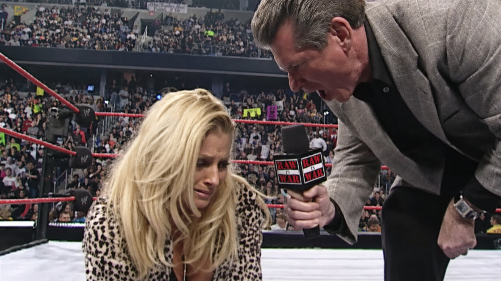 Vince McMahon confronts Trish Stratus during the storyline that led to the March 5, 2001 edition of Monday Night RAW. 