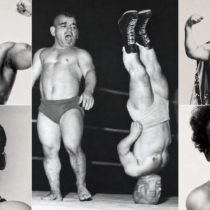 A hands-free headstand was only part of the show. These little people pro wrestlers combined athletic skill, comic timing, and memorable characters to help fuel wrestling’s first television boom. Pictured: Brown Panther (top left), Lord Littlebrook (bottom left), Sky Low Low balancing on his head against Little Beaver (center), Pee Wee James (top right), and Fuzzy Cupid (bottom right).
