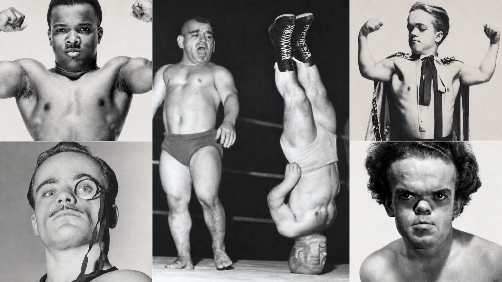 A hands-free headstand was only part of the show. These little people pro wrestlers combined athletic skill, comic timing, and memorable characters to help fuel wrestling’s first television boom. Pictured: Brown Panther (top left), Lord Littlebrook (bottom left), Sky Low Low balancing on his head against Little Beaver (center), Pee Wee James (top right), and Fuzzy Cupid (bottom right).