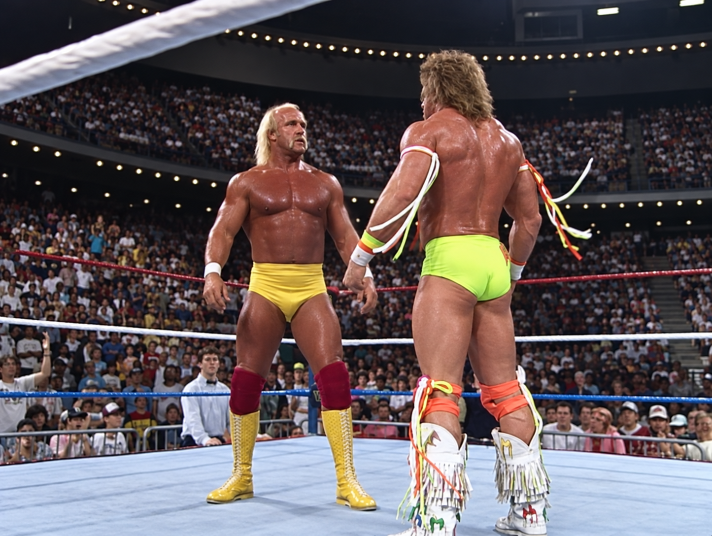 Hulk Hogan and Ultimate Warrior shared the ring as opponents for the first time during the Royal Rumble match on January 21, 1990, in Orlando, Florida. 